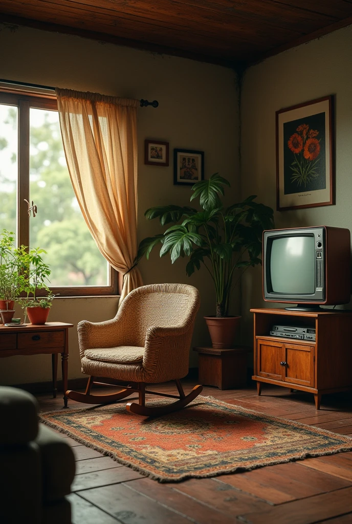 A 1970s scene in northeastern Brazil in the living room with a straw rocking chair, a tv and a sofa 