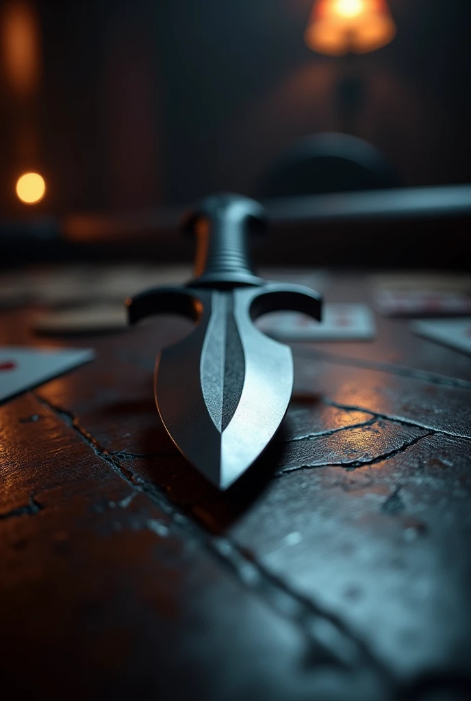 ((best quality)), ((masterpiece)), (detailed), throwing knife, kunai, steel, on a poker table, sharp, deadly