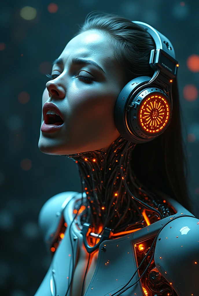 Screaming robotic woman with headphones