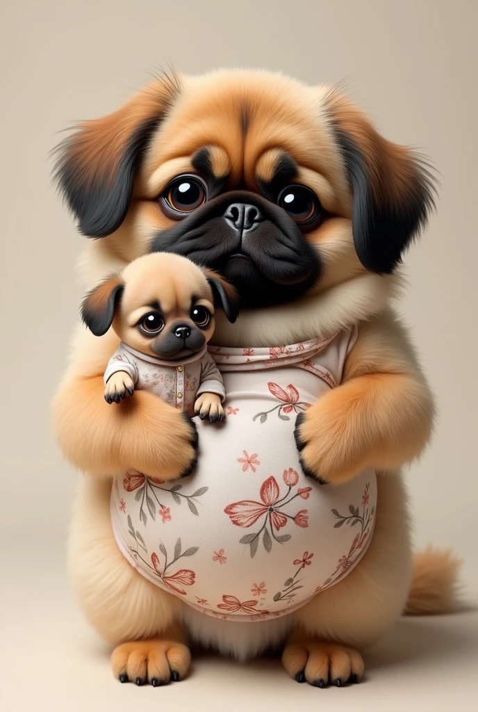 Pekingese dog wearing maternity clothes holding little puppy wearing baby clothes, looking forward like humans do, realistic, true to life, high resolution details, full picture like real