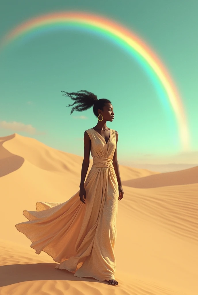 Create a photo of a desert landscape with a black woman with green eyes walking with a gentle wind moving her clothes or a rainbow in the background 