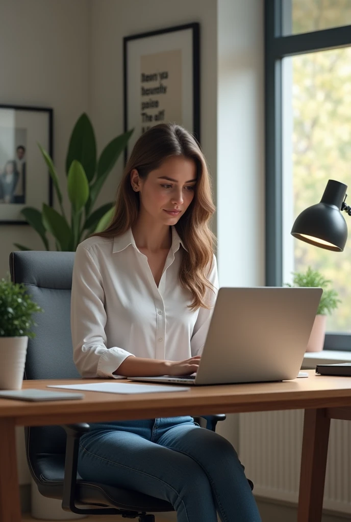Create an image of a woman of approximately 30 years old. She has long brown hair and is wearing a white shirt and jeans. The woman is holding a laptop, appearing to be focused on her work. The surrounding setting should be a modern workplace, with a desk and some office items in the background.