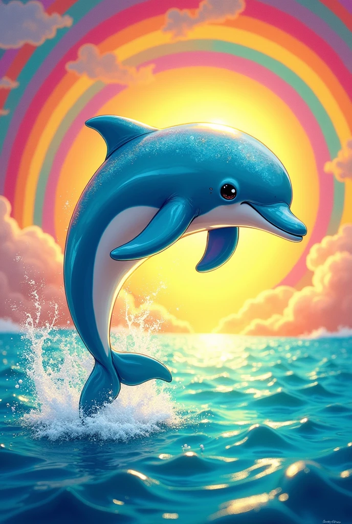 Make a lisa frank style dolphin jumping out of the water with rainbows and bright sun