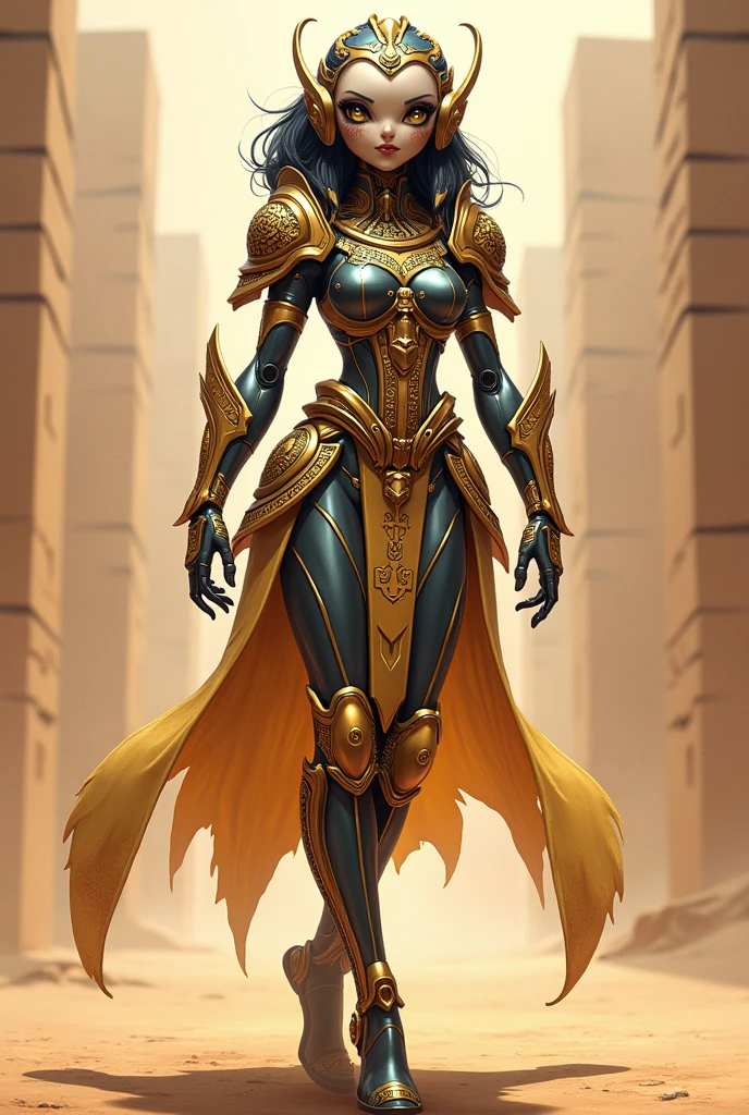 stylized style, Overwatch style female character concept, full body back and front view, robot detailed face with round eyes,  Egypt theme, body covered with armor