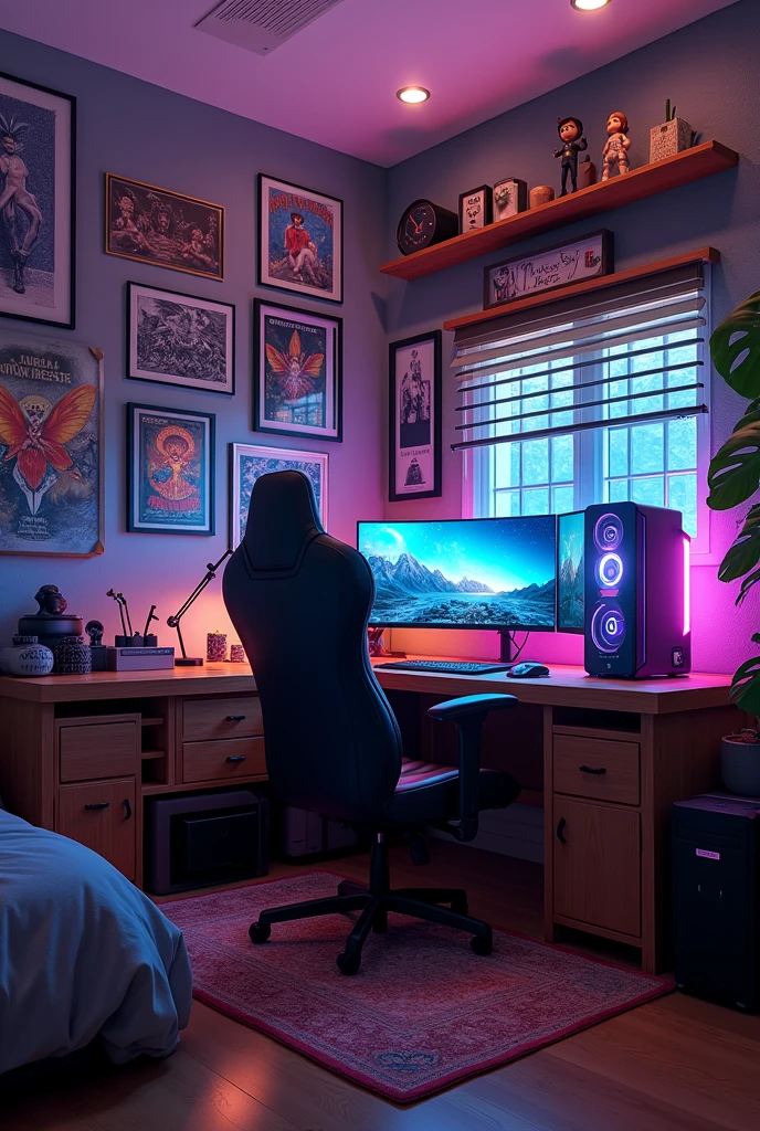 Gamer room with a bed, a closet, a table and a gamer chair