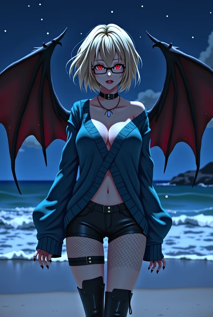 (anime:1.2), 1girl, vampire, adult, pale skin, blonde hair, short hair, glowing red eyes, glasses, pale skin, pointy ears, bat wings, medium breasts, opened blue sweater, shorts, fishnet stockings, large boots, night, beach