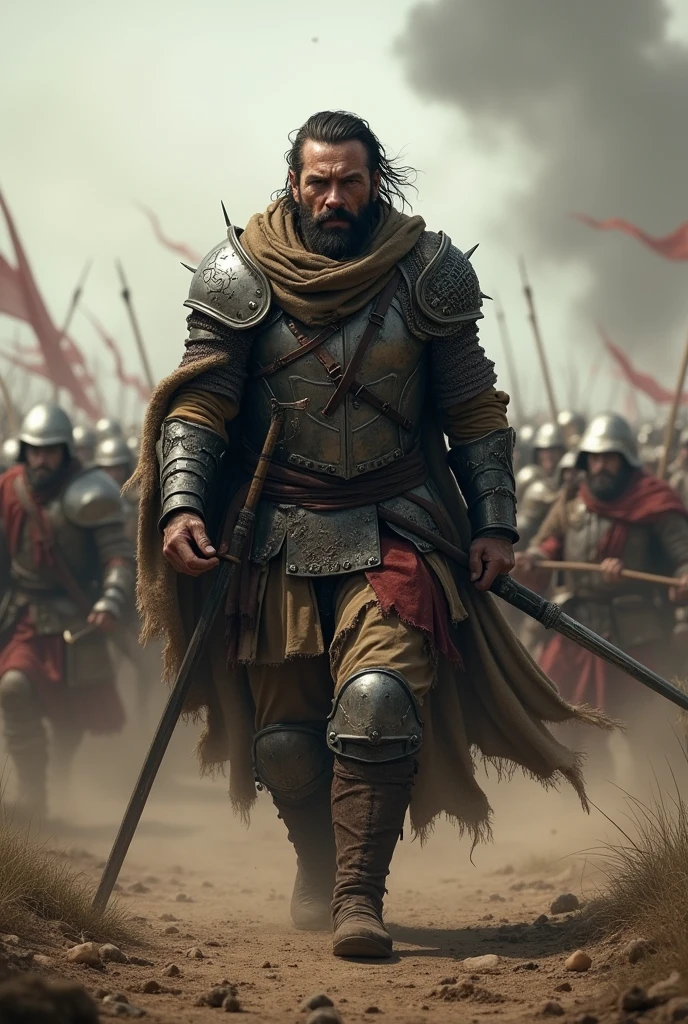 a man in torn armor with ash on his body is leading a great battle, he is committed to defeating any enemy
