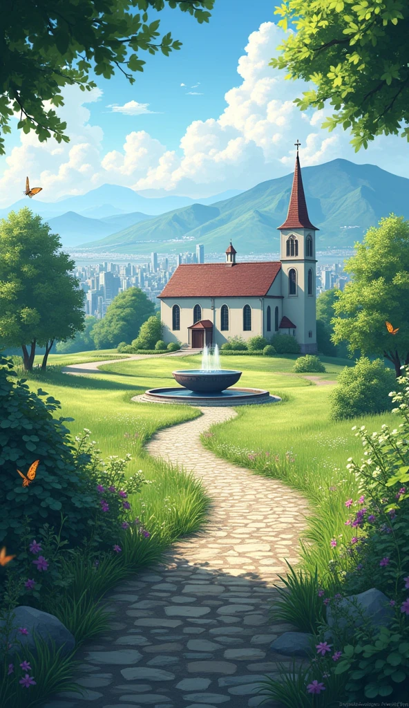 Create a very realistic landscape. A peaceful city in the distance. In front of the church there is a bean-shaped fountain. The streets are cobblestone. Around there are trees and distant mountains. Everything is seen from afar and blurred. There is a cobblestone path leading to the city. There are weeds and wildflowers around. And butterflies flutter around. Everything is realistic and detailed.