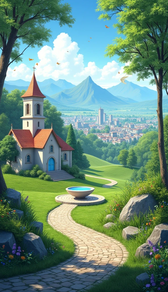 Create a very realistic landscape. A peaceful city in the distance. In front of the church there is a bean-shaped fountain. The streets are cobblestone. Around there are trees and distant mountains. Everything is seen from afar and blurred. There is a cobblestone path leading to the city. There are weeds and wildflowers around. And butterflies flutter around. Everything is realistic and detailed.