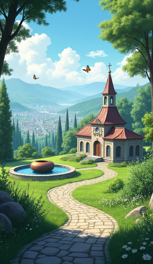 Create a very realistic landscape. A peaceful city in the distance. In front of the church there is a bean-shaped fountain. The streets are cobblestone. Around there are trees and distant mountains. Everything is seen from afar and blurred. There is a cobblestone path leading to the city. There are weeds and wildflowers around. And butterflies flutter around. Everything is realistic and detailed.