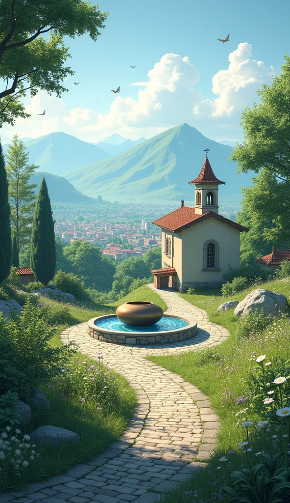 Create a very realistic landscape. A peaceful city in the distance. In front of the church there is a bean-shaped fountain. The streets are cobblestone. Around there are trees and distant mountains. Everything is seen from afar and blurred. There is a cobblestone path leading to the city. There are weeds and wildflowers around. And butterflies flutter around. Everything is realistic and detailed.