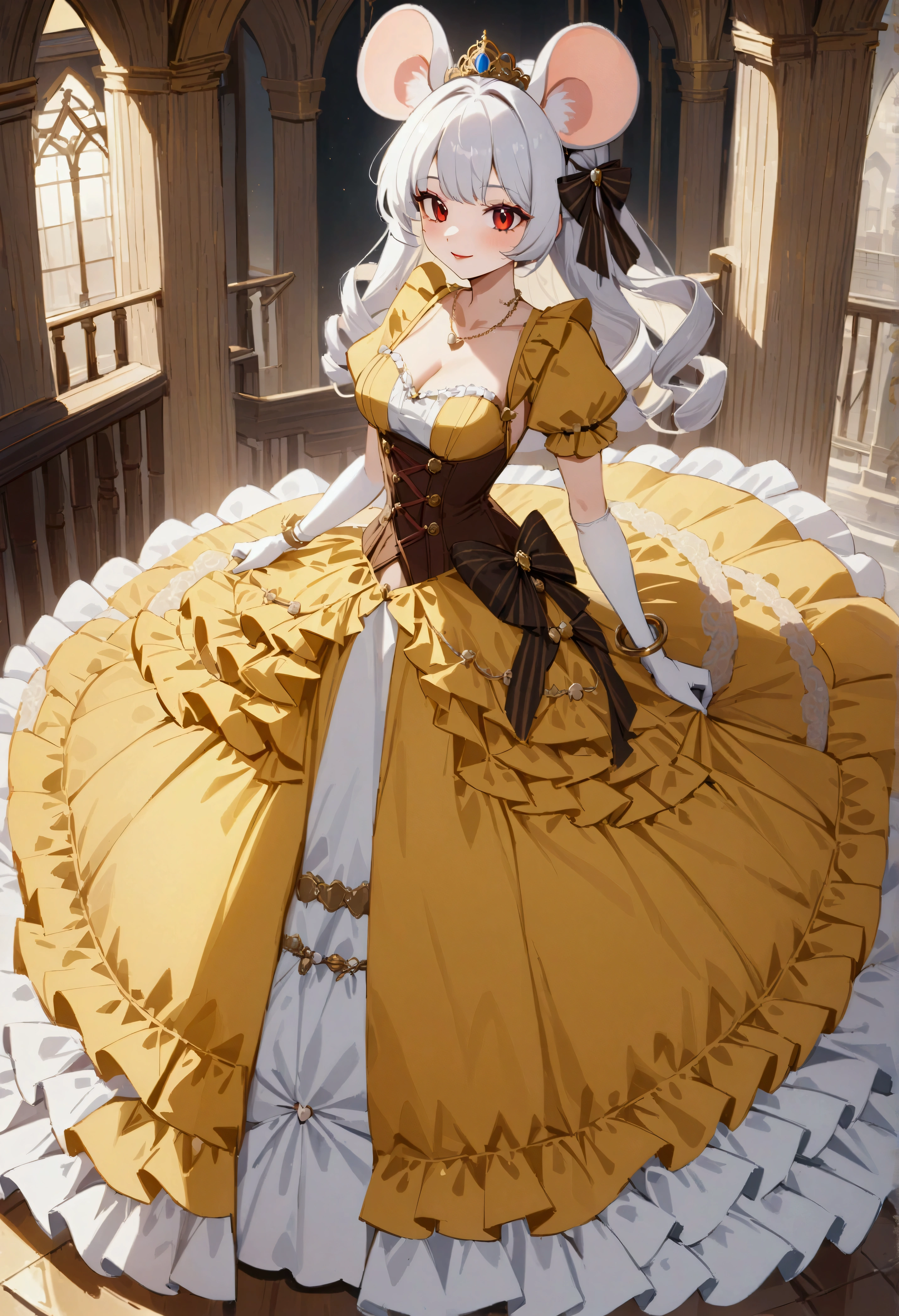 (best quality,4k,8k,highres,masterpiece:1.2), ultra-detailed, Pretty anthropomorphic mouse girl has a princess, drawn in anime style, steampunk, wearing a yellow princess mermaid gown with puffy sleeves, steampunk, gorgeous frilly dress design,flowing gown,elaborate lace details,rich textures,contrast stitching,delicate ribbon bows,floral accents, flowers embroidery, full skirt,short sleeves,fitted waistline,flared cuffs,lace-up back,luxurious fabrics,flawless silhouette, long curly white hair and red eyes, white fur, smiling, mouse ears and tail, high heels, white elbow gloves, gold bracelets, tiara made of seashells, red lipstick, eyeshadow, seashell necklace, sitting elegantly on a throne.