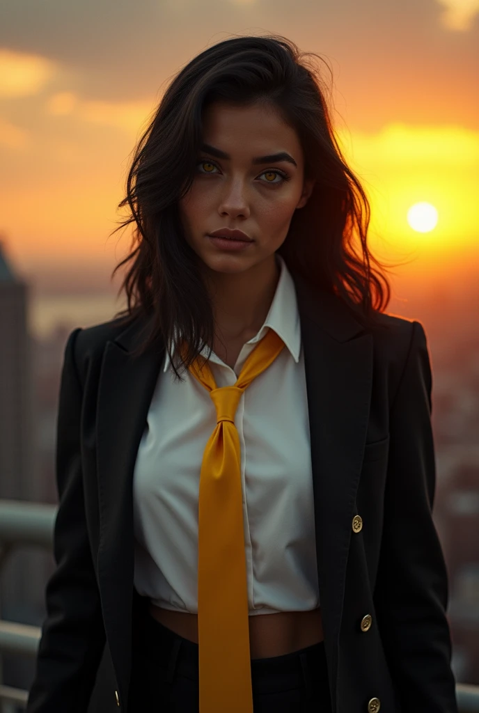 1 girl, intricate detail, masterpiece, Best Quality, extremely detailed,cinematic lighting, beautiful detailed glitter, Beautiful face and finely detailed eyes., 8k, dark and intense shadows, yellow eyes, medium hair, dark hair, hits, by the floating, black jacket, open jacket, White shirt, expressionless, yellow tie, black skirt, Stand out, Sun light, sunrise, gradient sky, city, Lens flare, cowboy shot, [[curves]], [mature woman], Portrait Sophie Mudd, thick neck, 1 Female model, latina, angelablanca, Violet Myers, 2, 2, profile picture, italian, italian latina, Alycia Debnam-Carey, hazel eyes,
