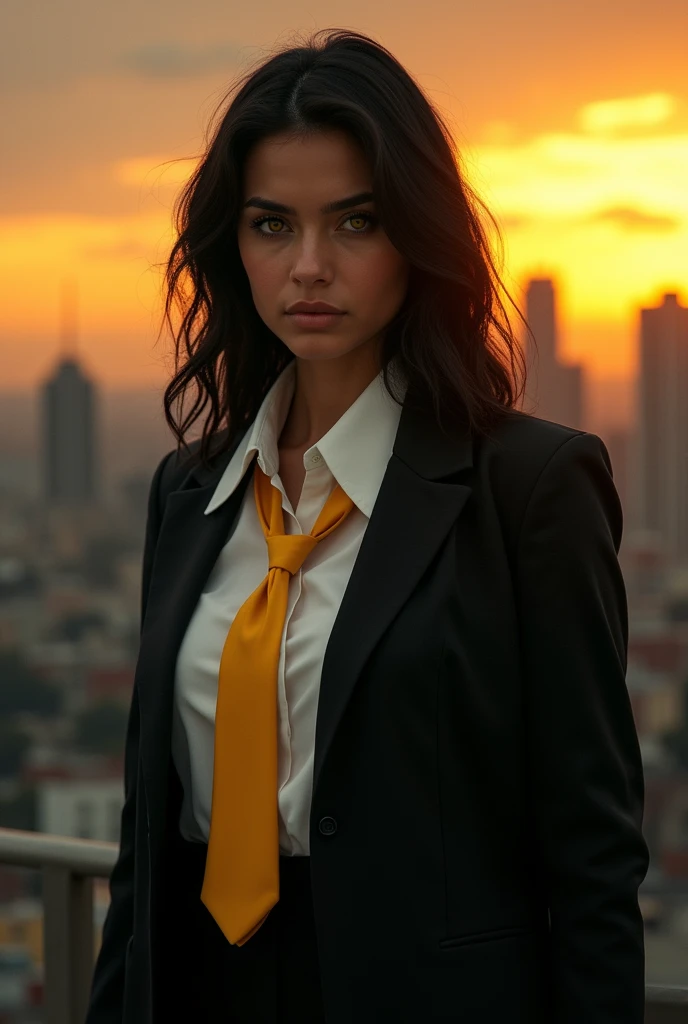1 girl, intricate detail, masterpiece, Best Quality, extremely detailed,cinematic lighting, beautiful detailed glitter, Beautiful face and finely detailed eyes., 8k, dark and intense shadows, yellow eyes, medium hair, dark hair, hits, by the floating, black jacket, open jacket, White shirt, expressionless, yellow tie, black skirt, Stand out, Sun light, sunrise, gradient sky, city, Lens flare, cowboy shot, [[curves]], [mature woman], Portrait Sophie Mudd, thick neck, 1 Female model, latina, angelablanca, Violet Myers, 2, 2, profile picture, italian, italian latina, Alycia Debnam-Carey, hazel eyes,