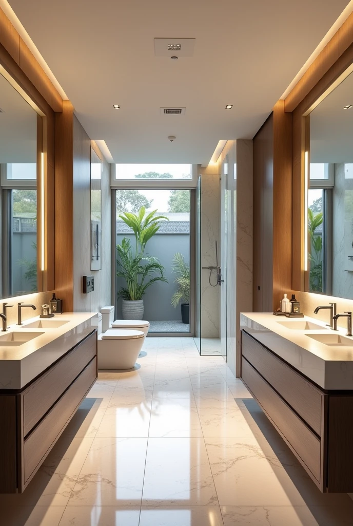 Show me bathrooms with the following features:
2 sinks with vanity 2 toilets 2 showers and one with a shower and another with a multi-jet shower a linen closet and an area for ironing 2 full-length mirrors open spaces or garden minimum one delivery requirements 