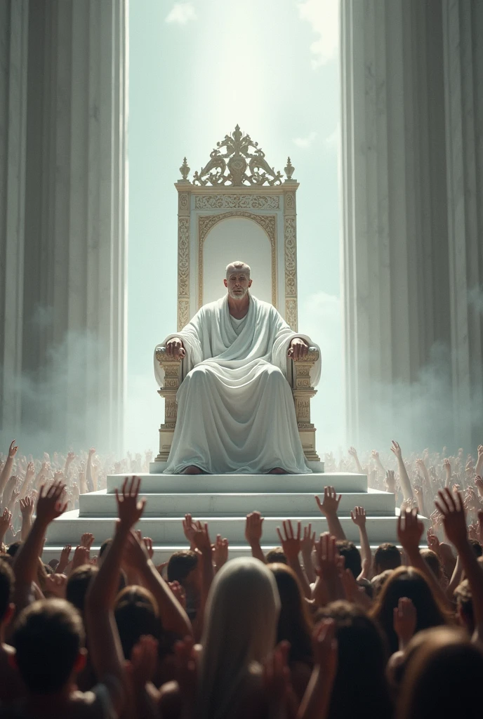 Straight white marble throne Powerful man seated with head of strong light From below the throne thousands of people with raised hands