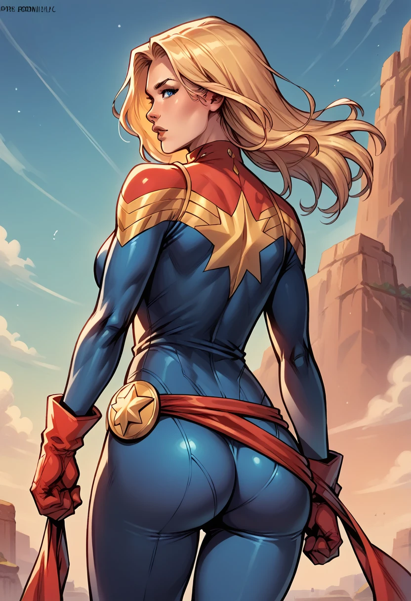 score_9, score_8_up, score_7_up, BREAK, score_9, carol_danvers, blonde hair, short hair, blue eyes, bodysuit, star logo, red gloves, red belt, long hair, looking at viewer, cowboy shot, ass, from behind, sky