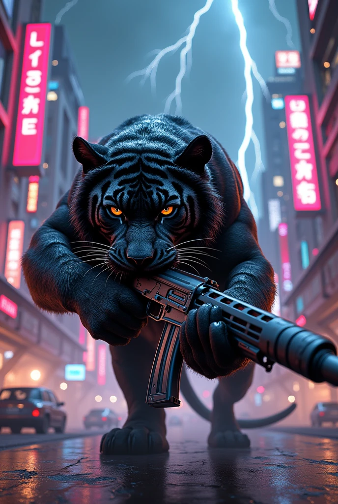 Black tiger with ak47 in neon city with thunder