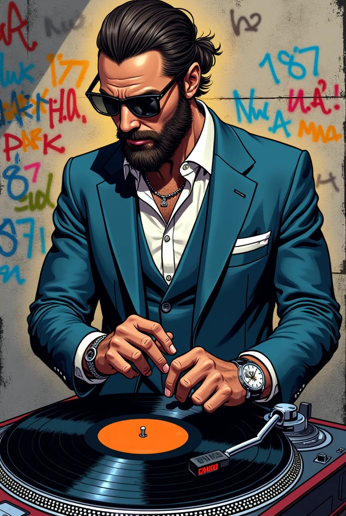 a picture of a gentleman in a classy suit mr wearing sunglasses, a luxury watch on the wrist, who has a well-groomed beard, who has beautiful hair combed back, und eine schalplatte spielt auf der Straße in form eines comics aus den 80er oder 90er jahren der hintergrund sollte eine graue Hauswand sein mit verschiedenen Graffitis mit der aufschrift MrVinyLP, aCaB, Park Hill, 187, n.W.a, in different colors