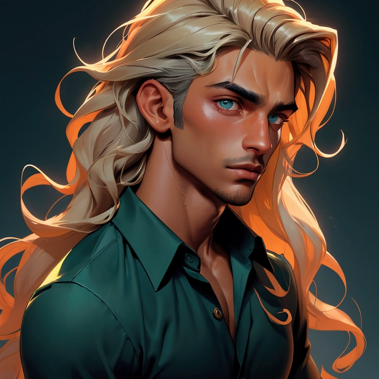 envision a 8k, highres, cinematic close up portrait of an man named Shaddiq Zeneli with a strong face, dark tan skin, sleek body, clean shaved, with long wavy blonde hair, and dark green eyes wearing a open blue shirt showing his chest and baggy sweatpants against a dark gray background