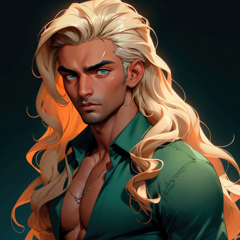 envision a 8k, highres, cinematic close up portrait of an man named Shaddiq Zeneli with a strong face, dark tan skin, sleek body, clean shaved, with long wavy blonde hair, and dark green eyes wearing a open blue shirt showing his chest and baggy sweatpants against a dark gray background