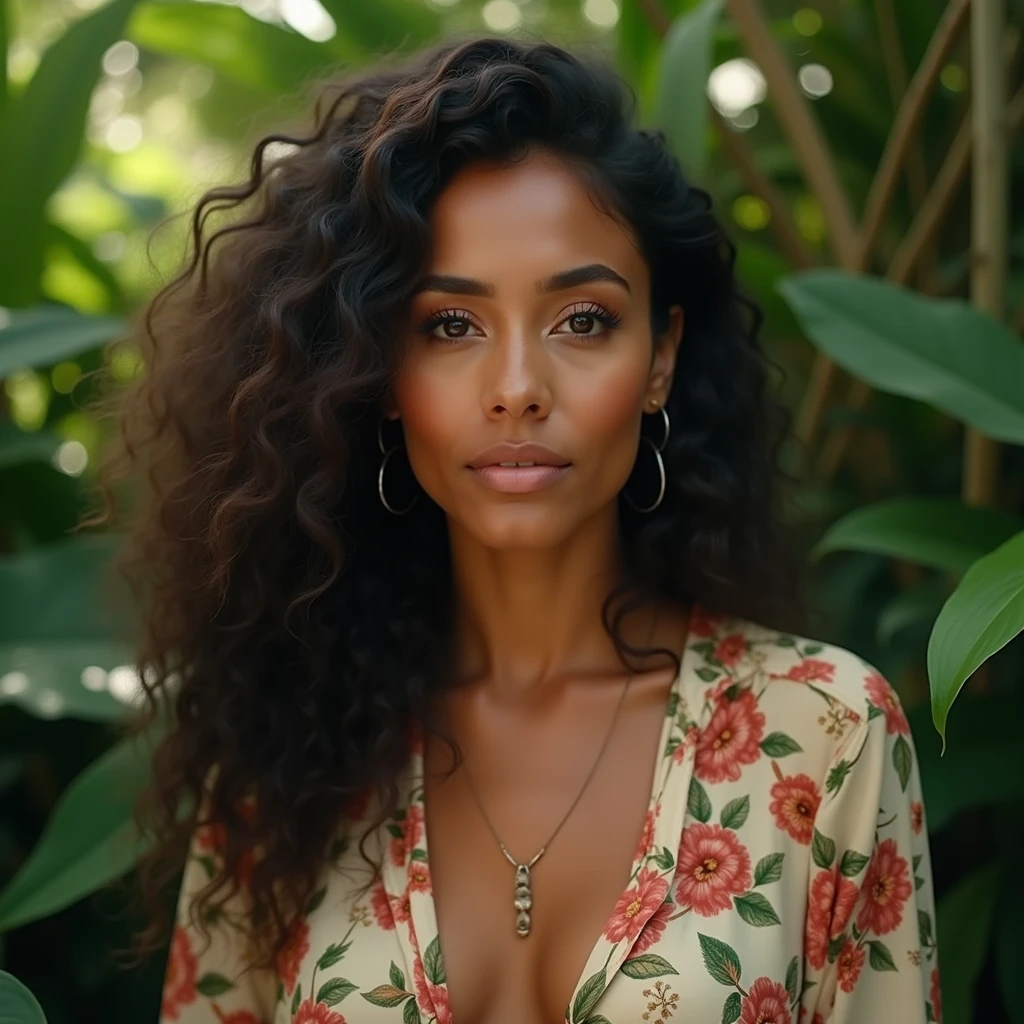 A Brazilian woman in a lush tropical garden, wearing an open shirt with a floral print, with a close-up capturing the harmonious beauty between her breasts and the natural flowers, showing off your natural charm and outgoing personality.