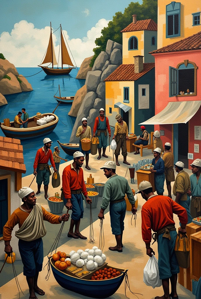 Make me a cubism style sketch depicting fishermen, peasants and merchants