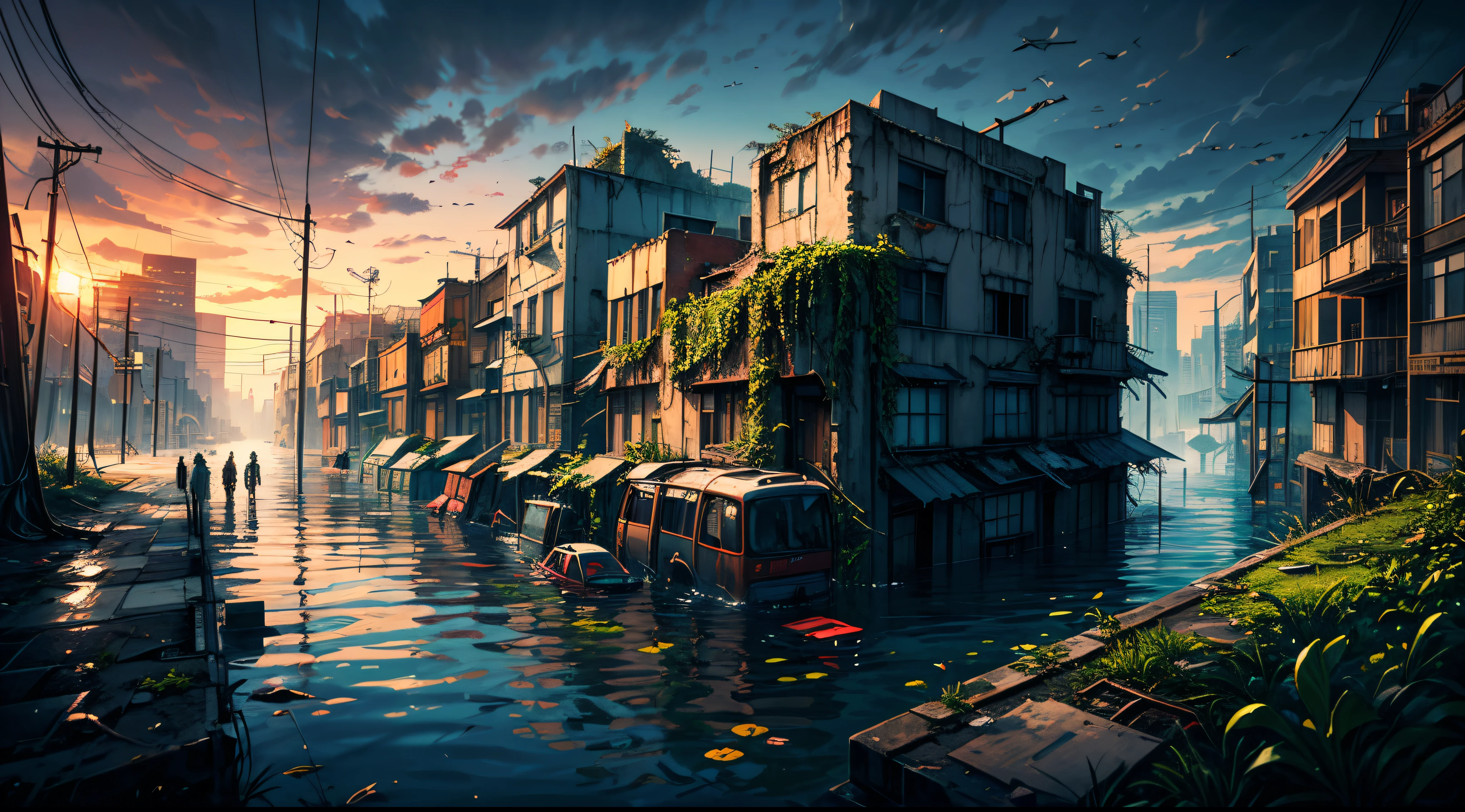 "A STRANGER, Post-apocalyptic cityscape with ruined buildings, flooded streets, and nature reclaiming its territory. The partially submerged city, Creating a surreal scene with underwater plant."