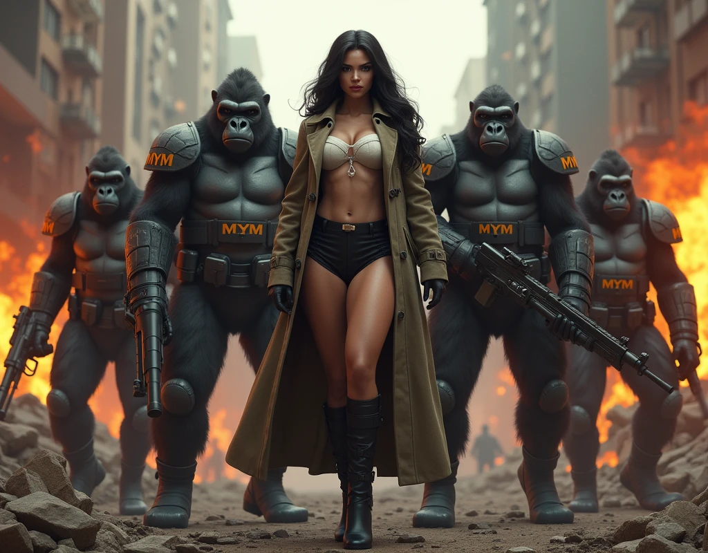 Woman with thick thigh small waist big breast trench coat in a war-burning city letters MYM on her chest. Being protected by many Gorillas in tactical gear with MYM on their chest