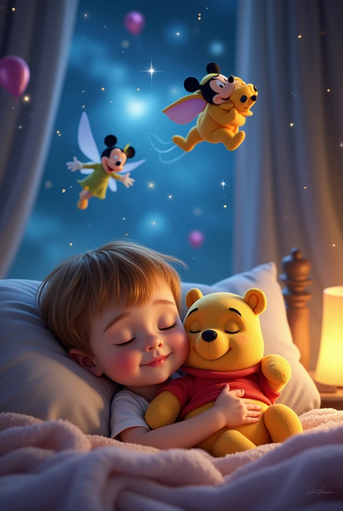 a sleeping child smiling holding a Winnie the Pooh plush toy, and in dream form, dreaming that you are flying with Disney characters