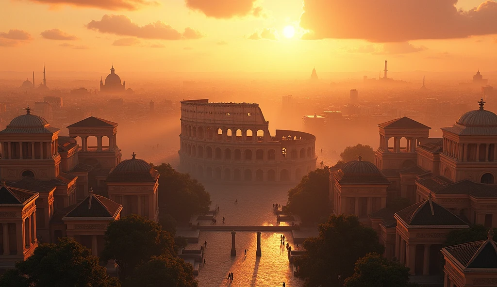 This image portrays a majestic ancient cityscape at sunset. The architecture suggests it is a depiction of ancient Rome, with the iconic Colosseum prominently featured in the center. The buildings surrounding the Colosseum are classical, with columns and domes typical of Roman architecture. The sky is painted in warm hues of orange and gold as the sun sets on the horizon, casting a soft, golden glow over the city. The overall atmosphere is serene yet grand, evoking a sense of historical grandeur and timeless beauty.