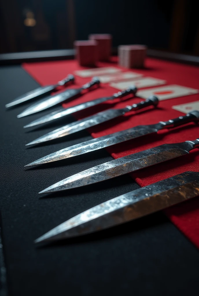 ((best quality)), ((masterpiece)), (detailed), multiple throwing knives, kunais, steel, on a poker table, sharp, deadly