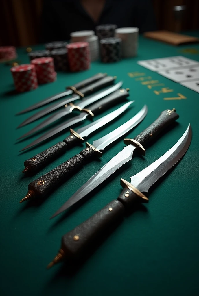 ((best quality)), ((masterpiece)), (detailed), multiple throwing knives, kunais, steel, on a poker table, sharp, deadly