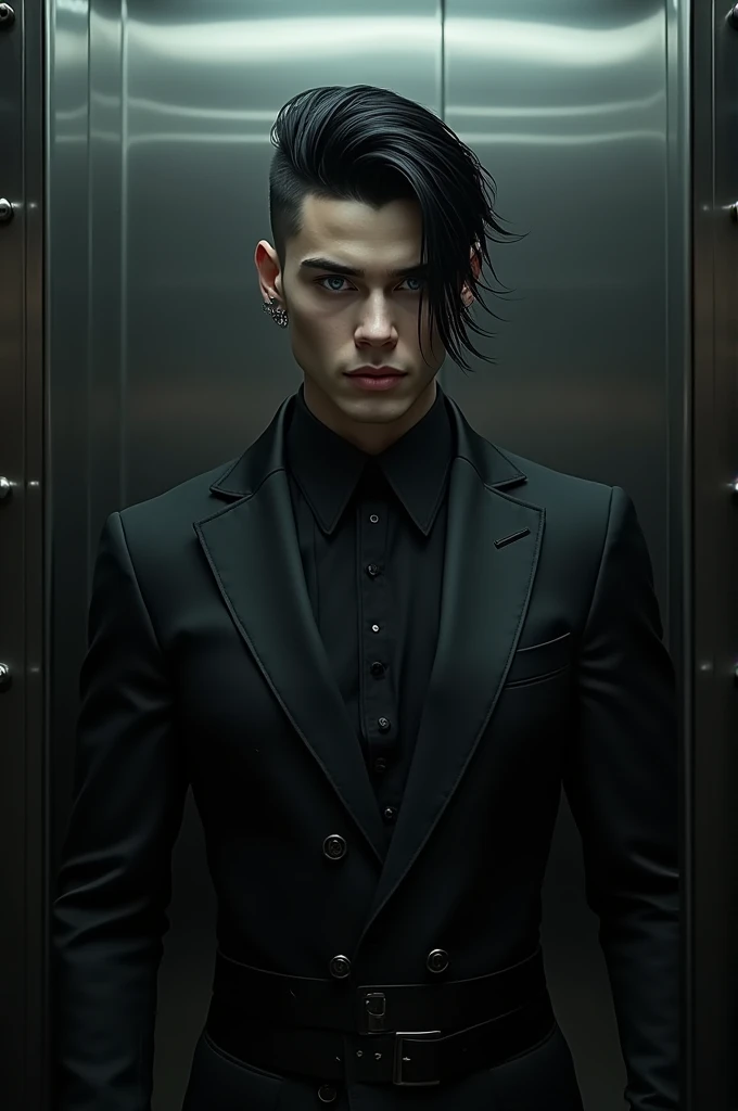 A man with features similar to Sebastian from Black Butler. Fair complexion and blue eyes. Completely black and straight hair with a wolf cut haircut style. Height 185 cm. Trapeze typomorphism and somewhat muscular. Ear piercings. Dark academia clothing style but his clothes are in black and grayscale. The posture is as if he were taking a photo in front of an elevator mirror.
