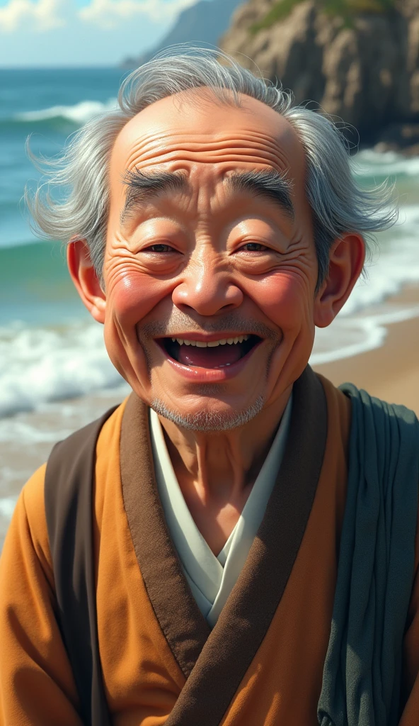 High resolution, masterpiece,Grandpa with one upper body、Japanese、Wrinkled、smile, Blushing, Open your mouth a little, Affectionate obese face、Shichi Shiraga、Background coast