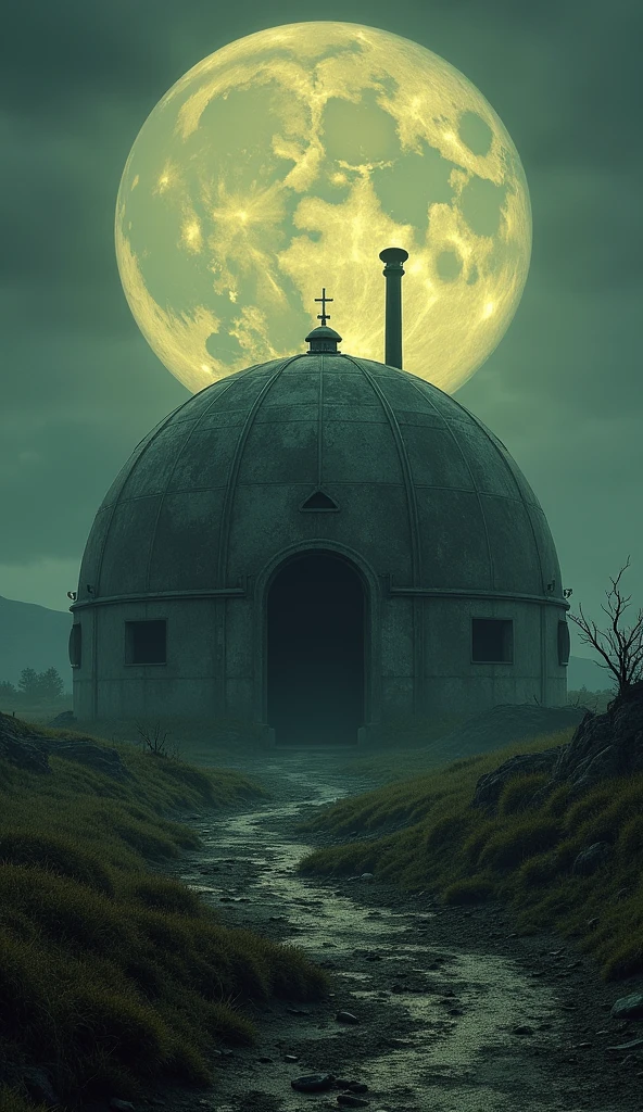 A sinister landscape depicting the Teletubbies' world turned into a nightmare. The iconic dome house lies in ruins, surrounded by dead vegetation. The sky is dark, with a massive sun on the horizon, its eyes piercing and threatening, gazing down like a malevolent entity.