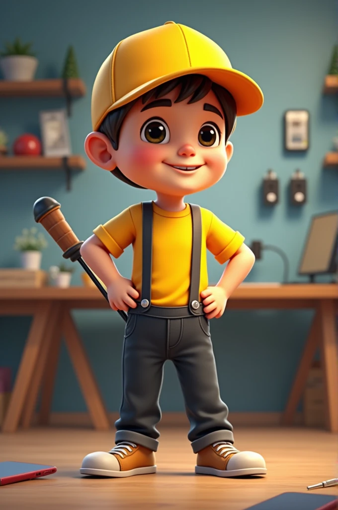 A boy 3d doodle wear yellow t-shirt black trouser yellow cap and standing in mobile phones workshop  and holding black screwdriver and  mobile phone repair 
