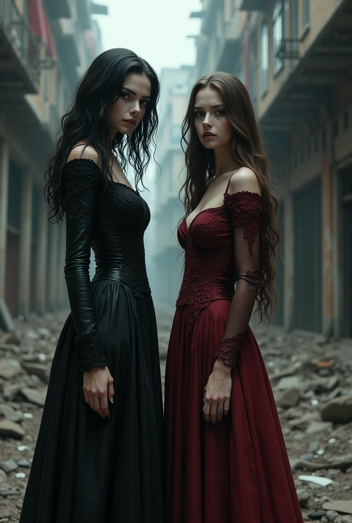 Two 1 vampire girls, the tallest with medium wavy black hair, The other one has brown hair and is shorter with a matching dress in a ruined city 