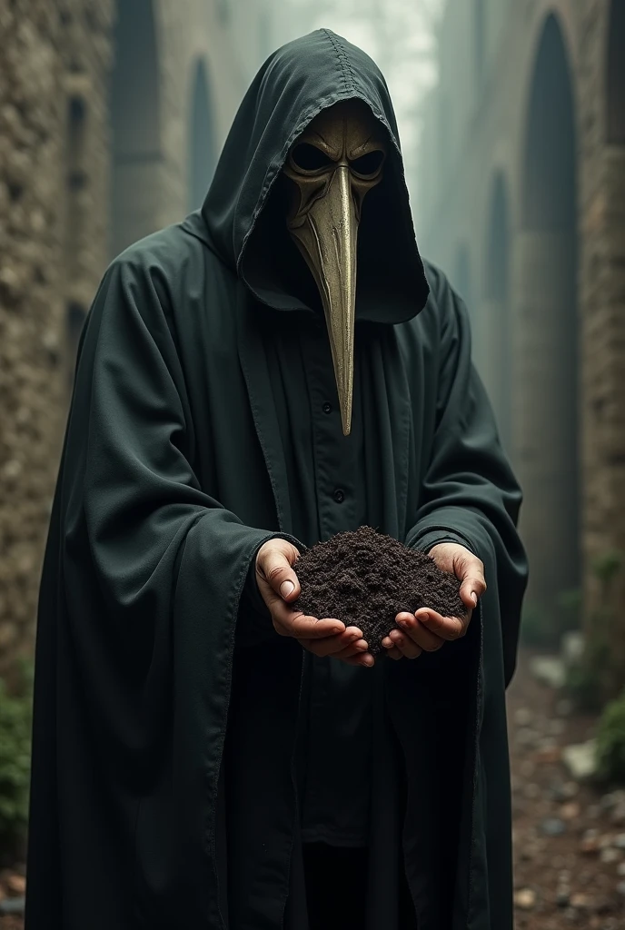 Plague doctor with soil in his hand