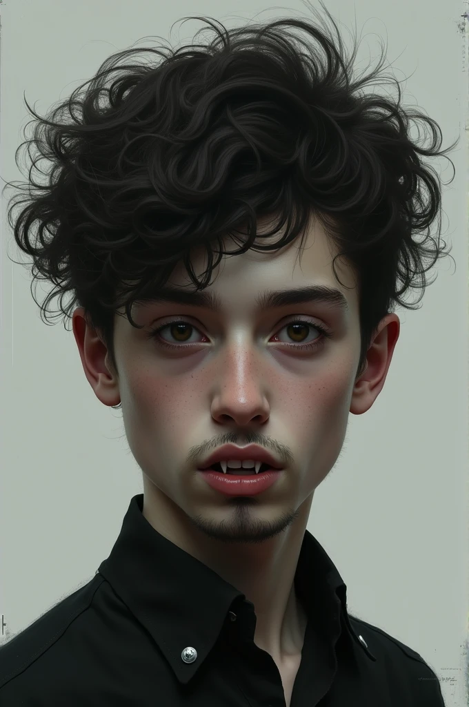 A boy with curly hair ,long incisor teeth,light black face small eyes,sharp nose slight beard