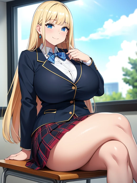 (best quality,4k,8k,highres,masterpiece:1.2), ultra-detailed, UHD, studio lighting, ultra-fine painting,sharp focus, physically-based rendering, extreme detail description, professional, vivid colors, bokeh, sexy woman, huge breasts, large breasts, curvy, voluptuous, blonde hair (straight bangs), sky-blue eyes, long hair, high school uniform, plaid skirt, earrings, smile, sitting, crossed legs, solo focus, classroom, indoors