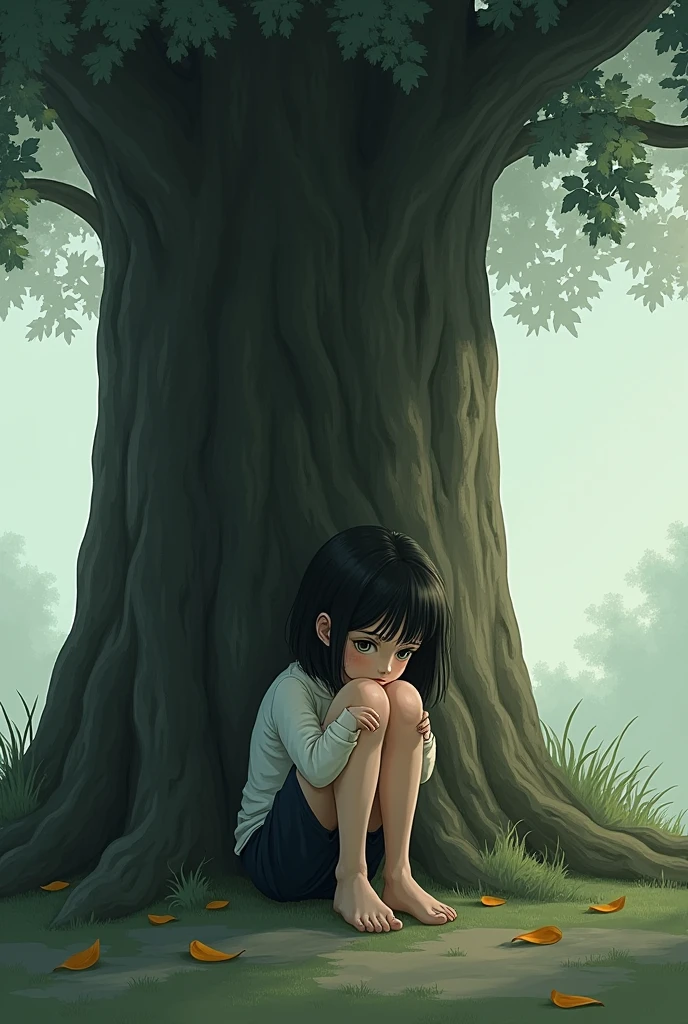 A sad girl in front of tree