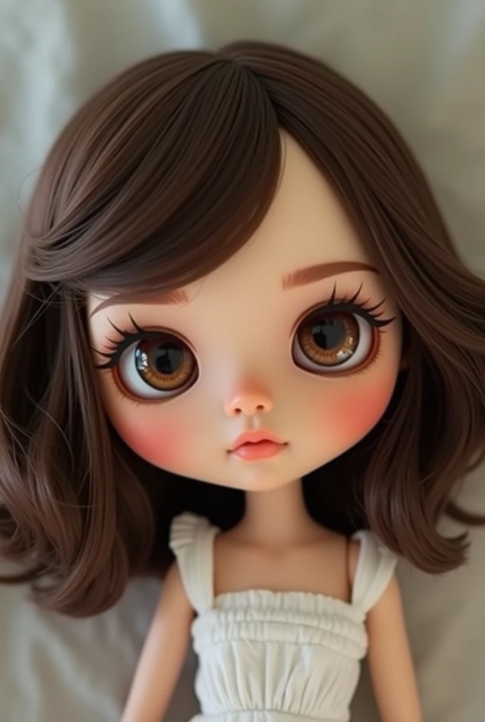 blythe doll with brown eyes, Medium long layered hair dark brown very light tanned skin brown eyebrows