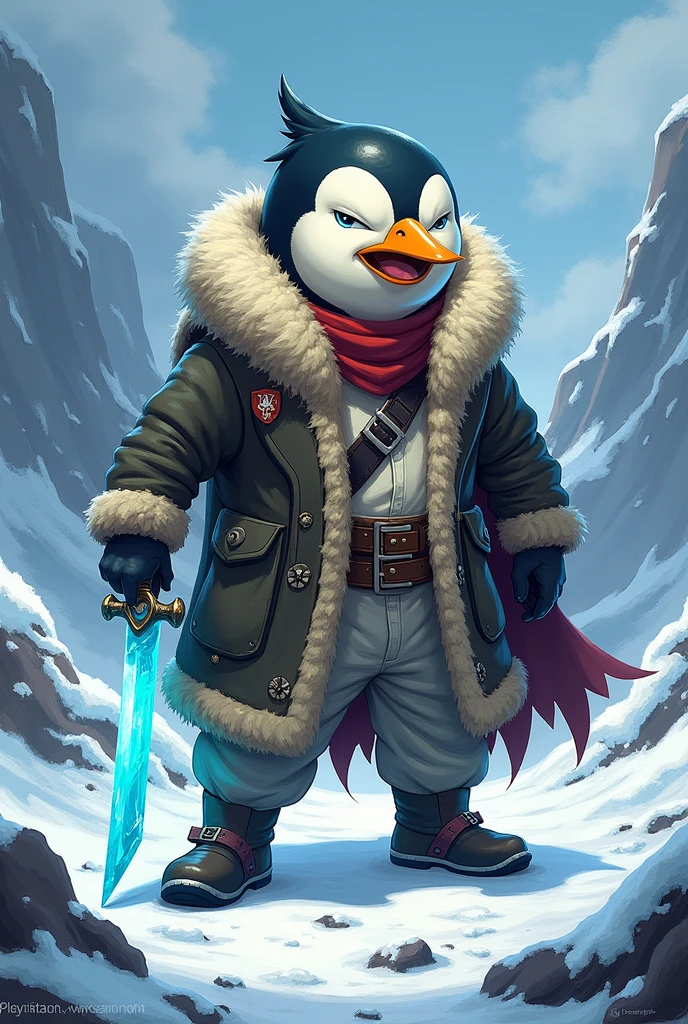 naughty man, pengu head drawing, snow clothes, warrior, ice sword