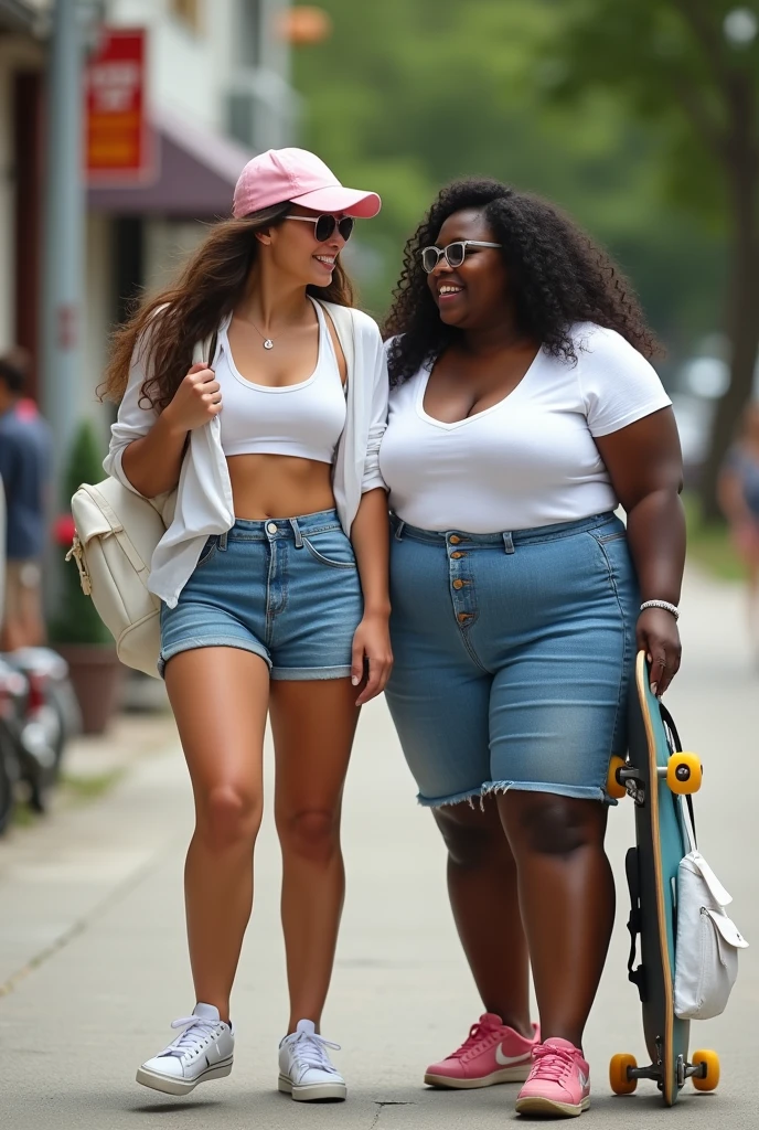 Create a photo of a 20 year old young woman, with a slender and curvy body, wearing jean shorts and a short white open t-shirt is braless, with white and clear skin, with long brown hair, Wearing a pink cap, wearing sunglasses and a white backpack and carrying a skateboard while having his shirt lifted by a woman, obese, dark black skinned, who wears glasses and a blue dress