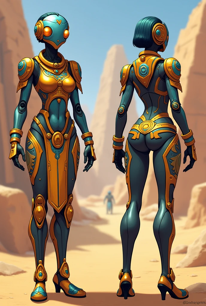 stylized style, Overwatch style female character concept, full body back and front view, robot detailed face with round eyes, Egypt theme, body covered with armor