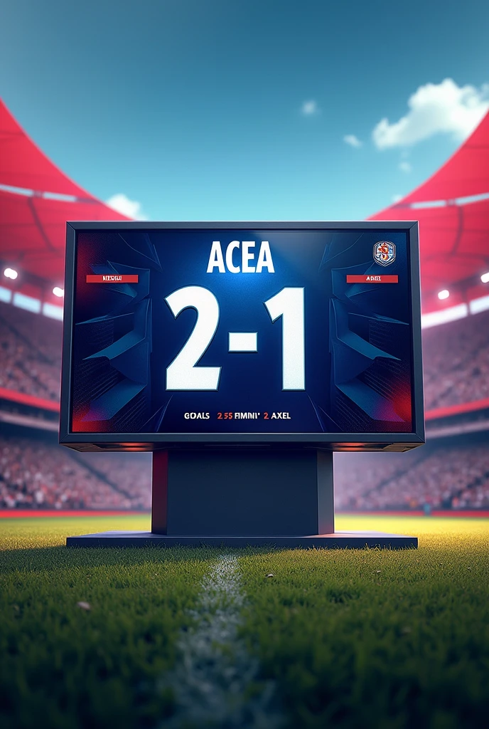Football match scoreboard with ACEA team name and awning, with a goal score of 2-1 with goals from Melqui in the 35th minute and Axel in the 65th