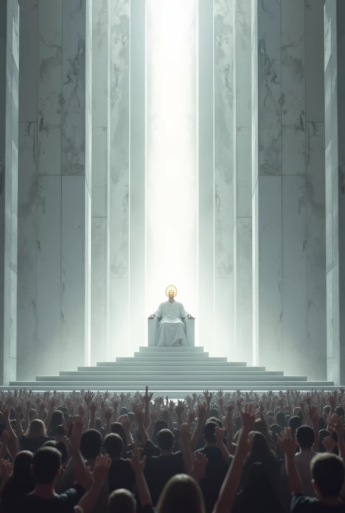 Great Throne White Marble Straight Man Seated with Radiant Head Below the Throne Thousands of People with Raised Hands 


