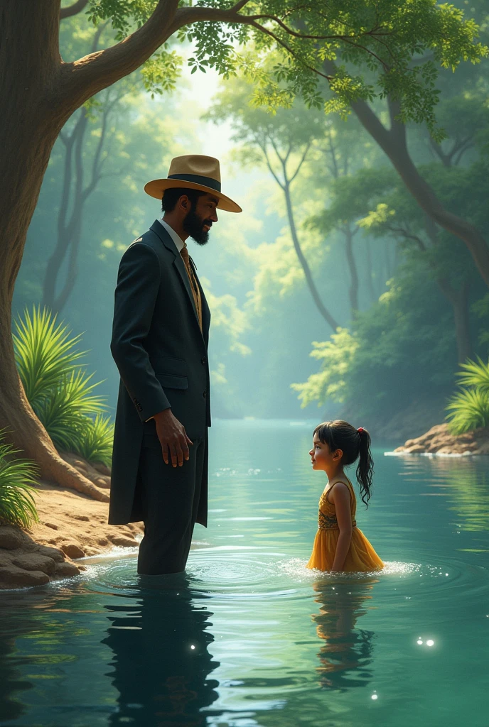 indigenous man in a suit and hat entering the water and a girl looking at the riverbank entering the water and