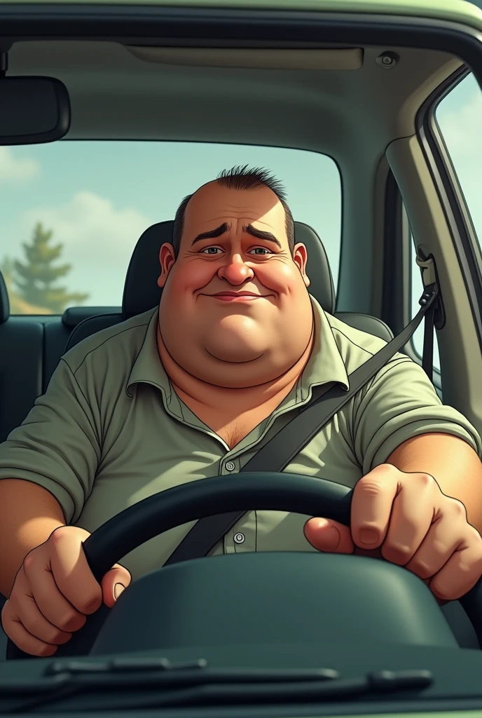 A 40 year old chubby guy, bald at the back of the hair, driving a Chevrolet Celta car, with only one in the background  